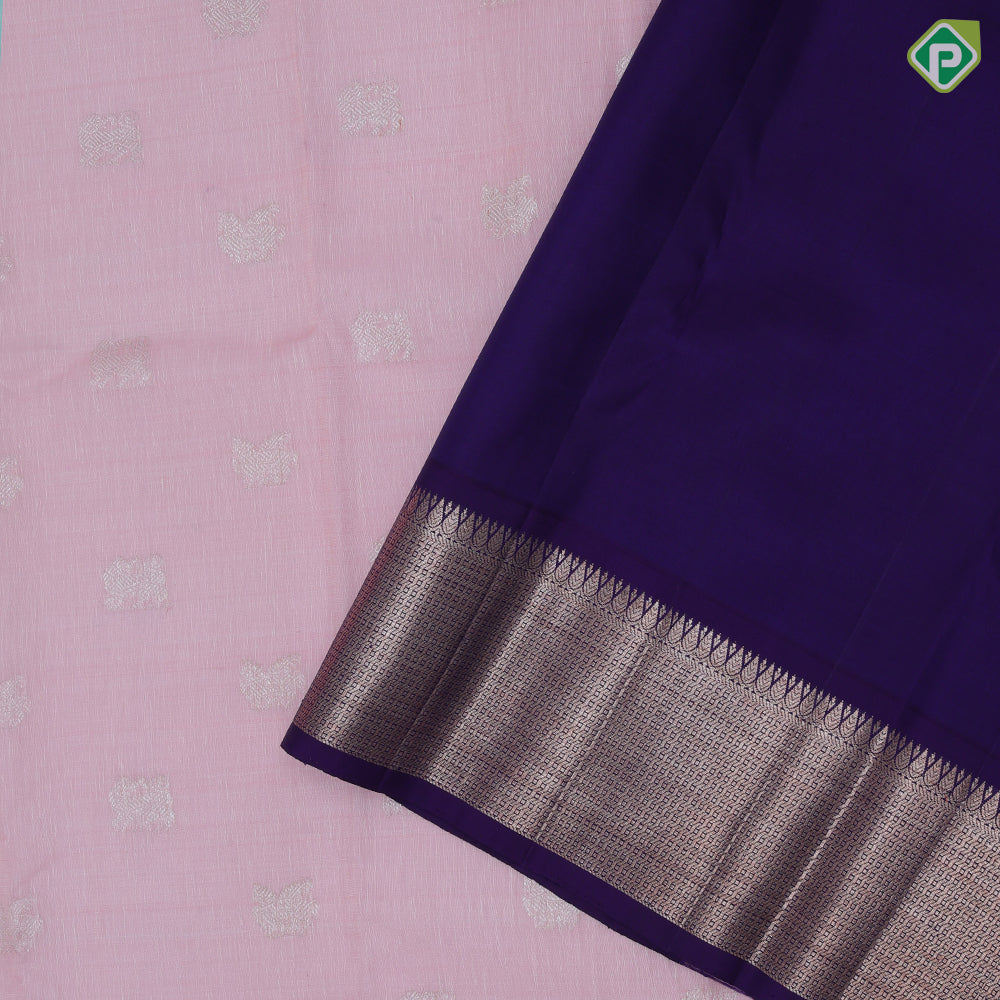 Sea green copper and silver zari gaja yaali kamadhenu butta royal blue spinning design border linen kora silk saree