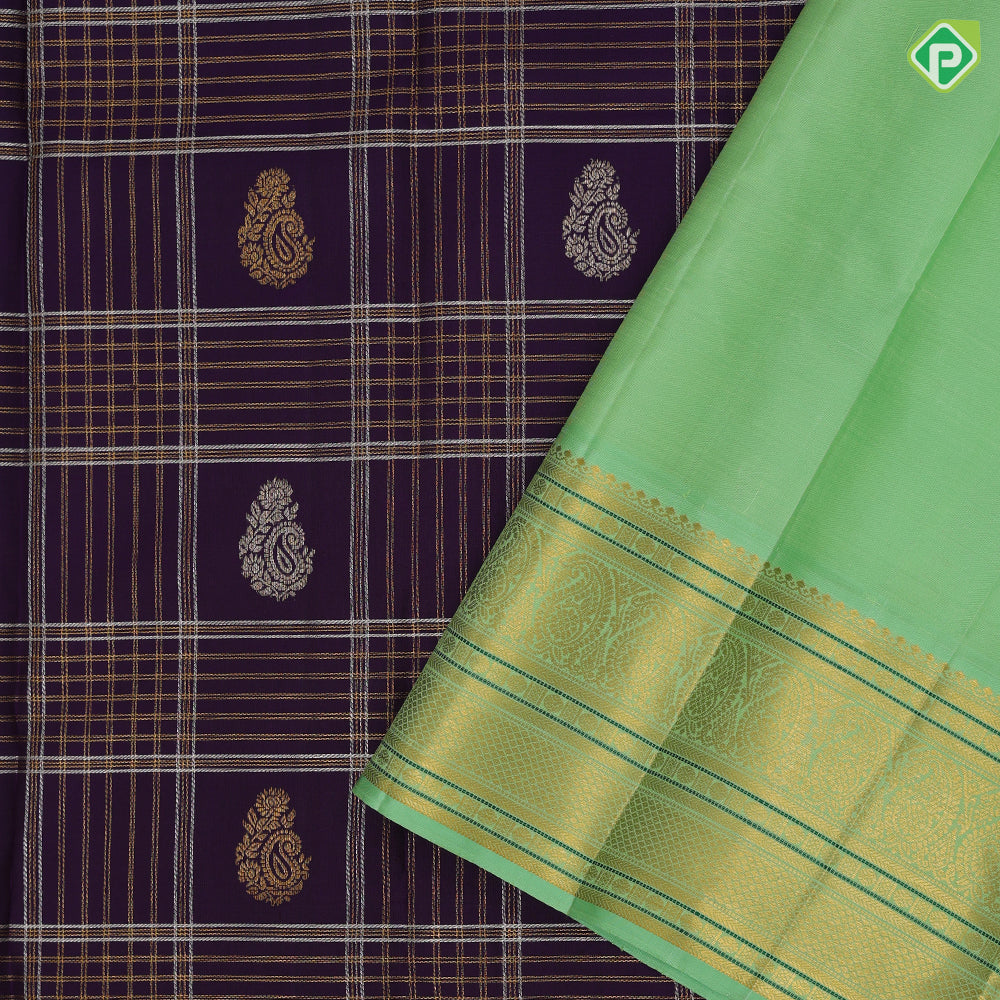Berry blue silver gold zari mango butta and multi kattam contrast pista green gold zari mango butta thread lines border traditional silk saree