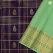 Berry blue silver gold zari mango butta and multi kattam contrast pista green gold zari mango butta thread lines border traditional silk saree