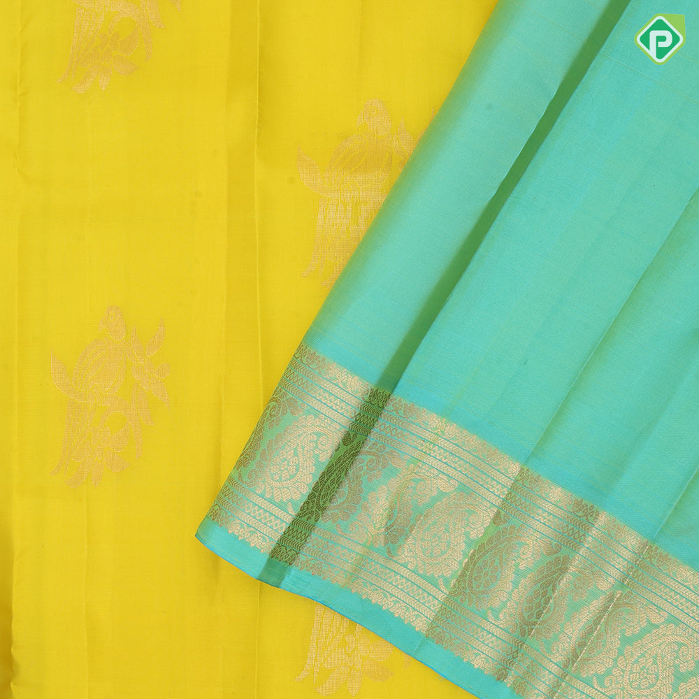 Lemon Yellow Gold Zari Parrot Butta Design Rexsona Green Mango And Floral Design Pure Mix Silk Saree