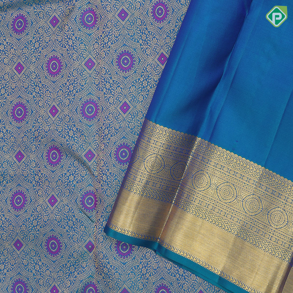 Peacock green gold zari and silk thread meena work self gold zari chakkaram butta border grand silk saree