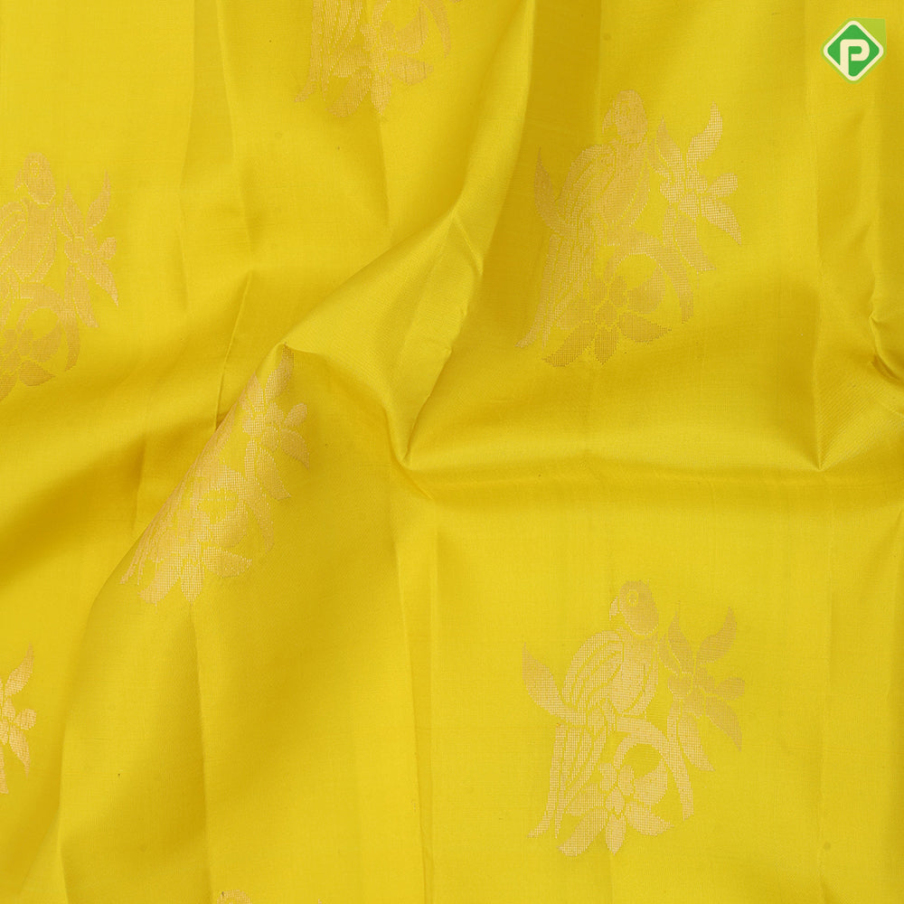 Lemon Yellow Gold Zari Parrot Butta Design Rexsona Green Mango And Floral Design Pure Mix Silk Saree