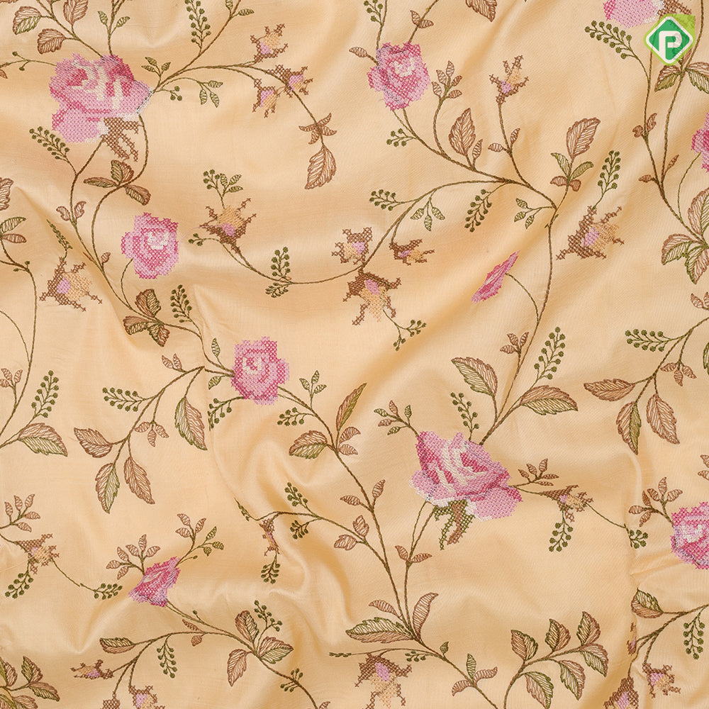 Sandal with multi color floral creeper embroidered design self gold zari peacock retta pattai border embroidery silk saree
