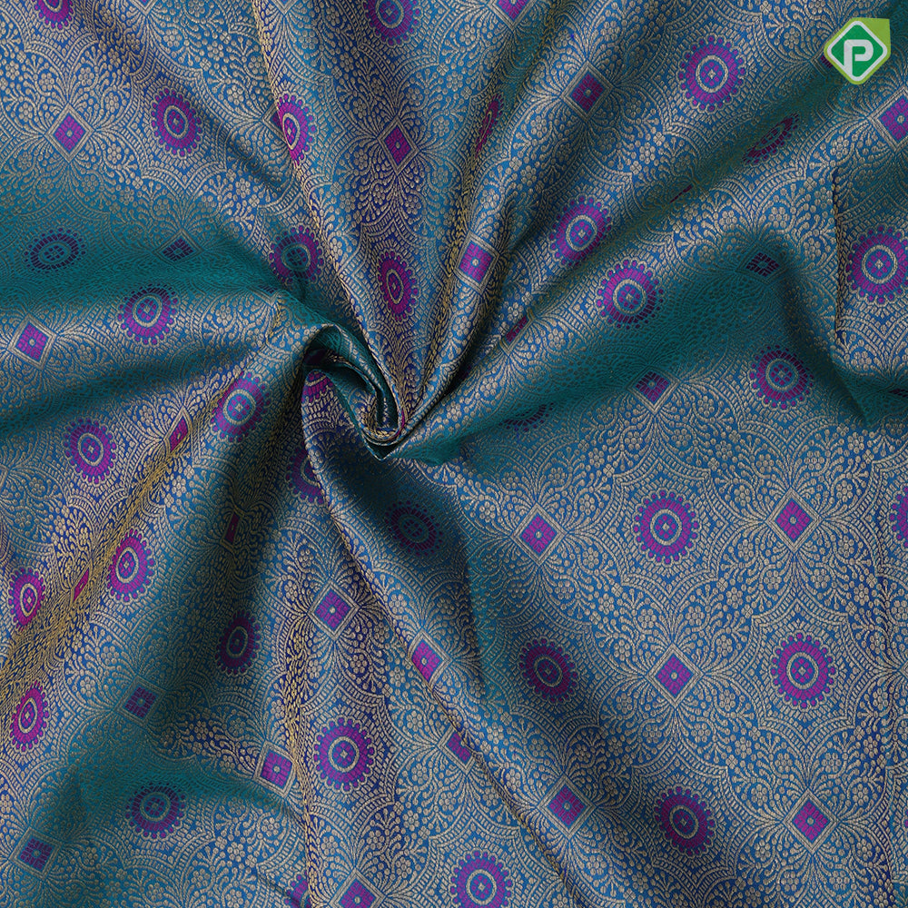 Peacock green gold zari and silk thread meena work self gold zari chakkaram butta border grand silk saree