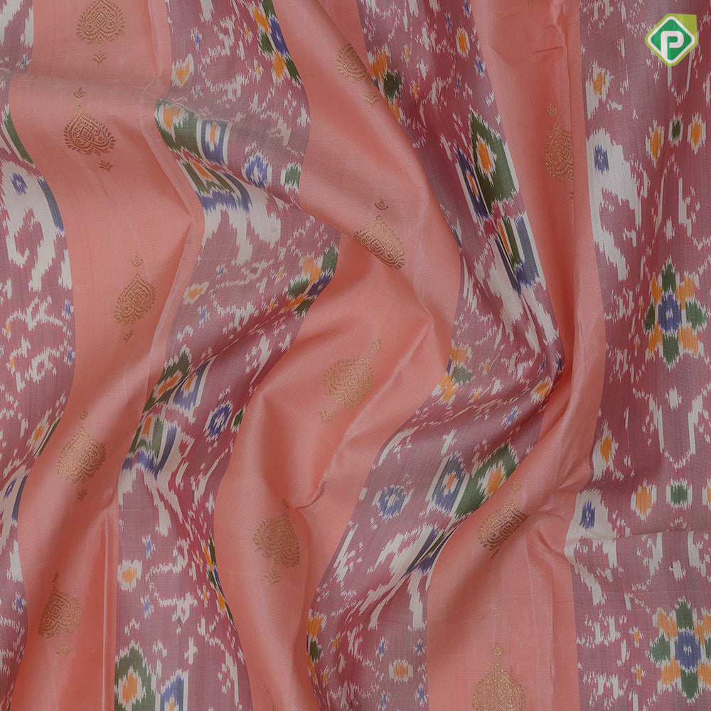 Peach base gold zari heart butta and ikkat design rexona green gold zari floral korvai border fusion silk saree