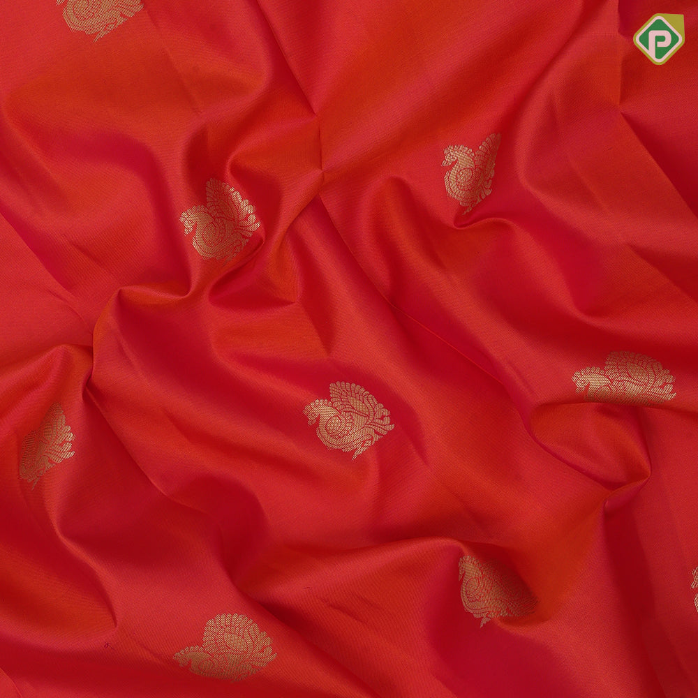 Fanta Orange Gold Zari Peacock Motif Design Rexsona Green Gandaberunda Ruthracham Border Design Traditional Silk Saree