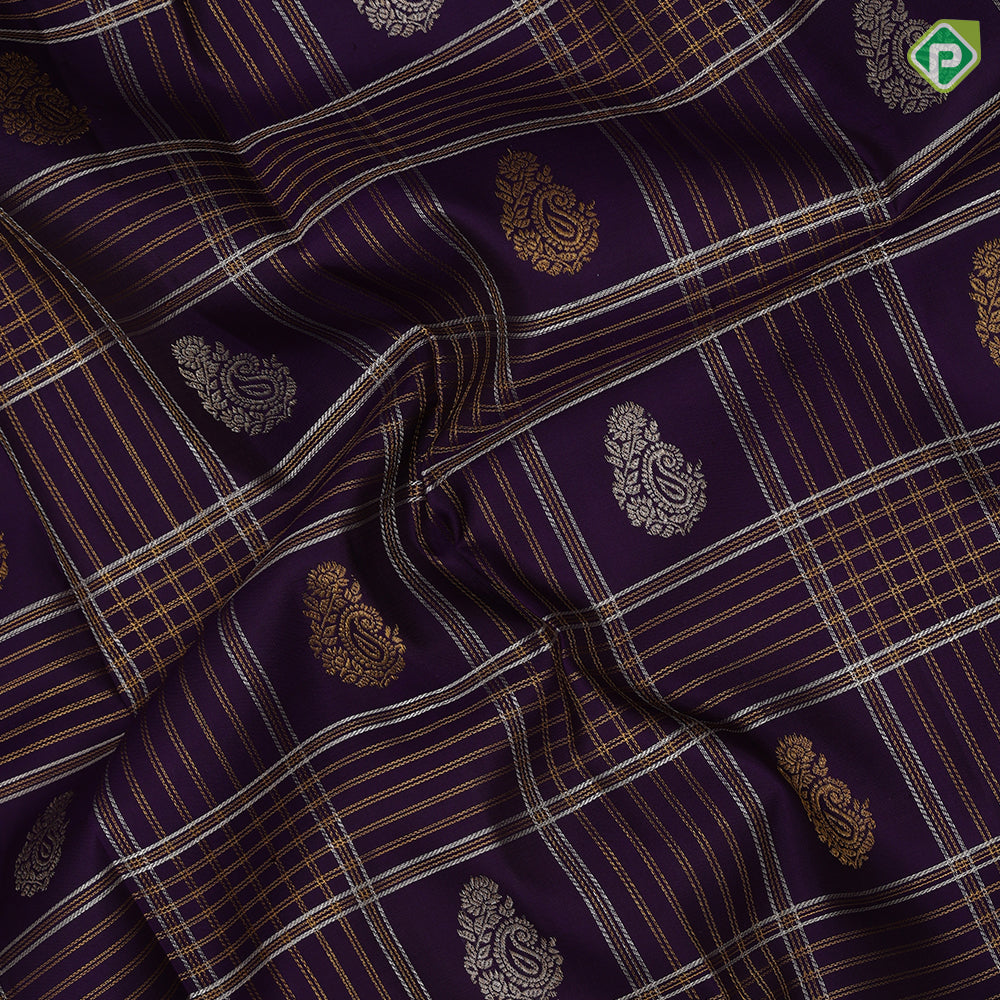 Berry blue silver gold zari mango butta and multi kattam contrast pista green gold zari mango butta thread lines border traditional silk saree