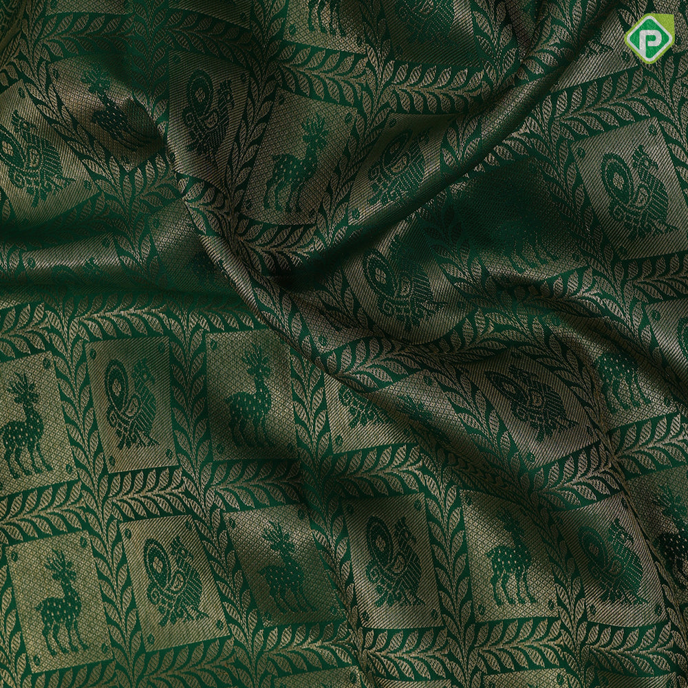 Forest green gold zari deer and peacock framed checks baby pink gold zari paithani border bridal tissue silk saree