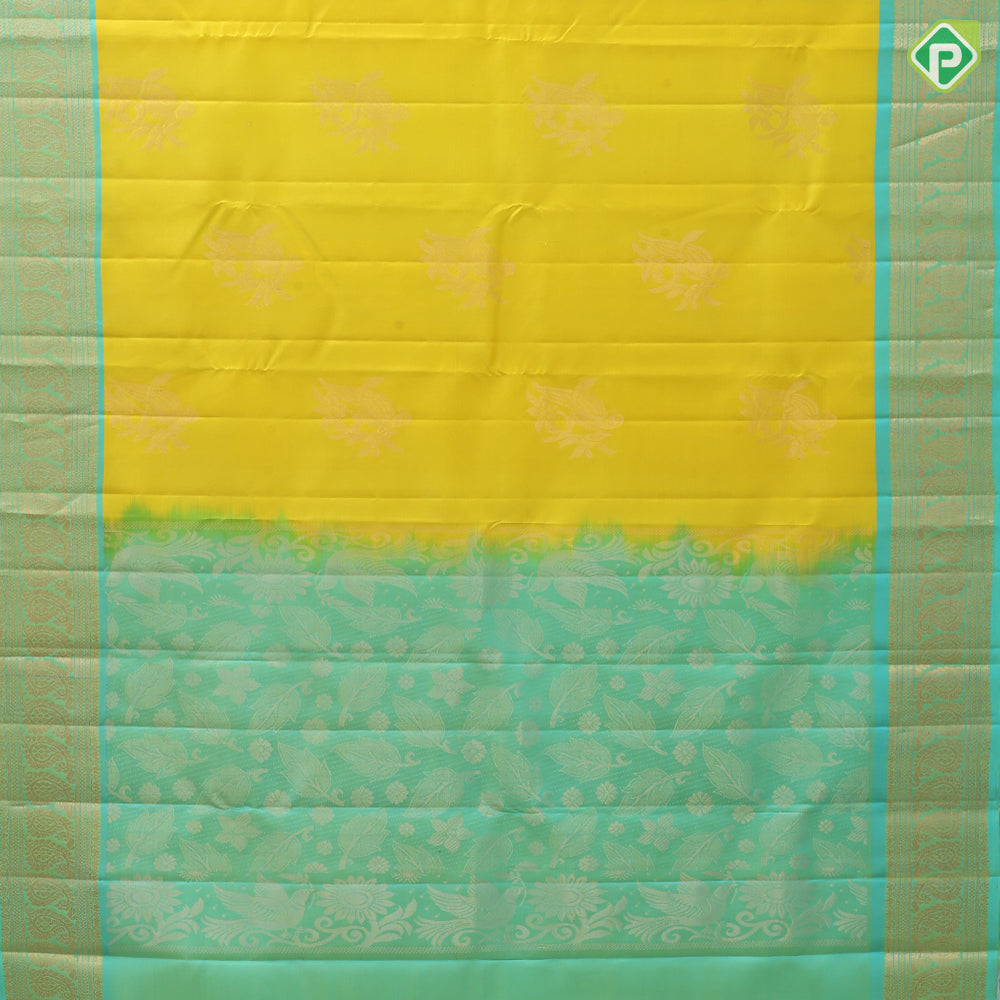 Lemon Yellow Gold Zari Parrot Butta Design Rexsona Green Mango And Floral Design Pure Mix Silk Saree