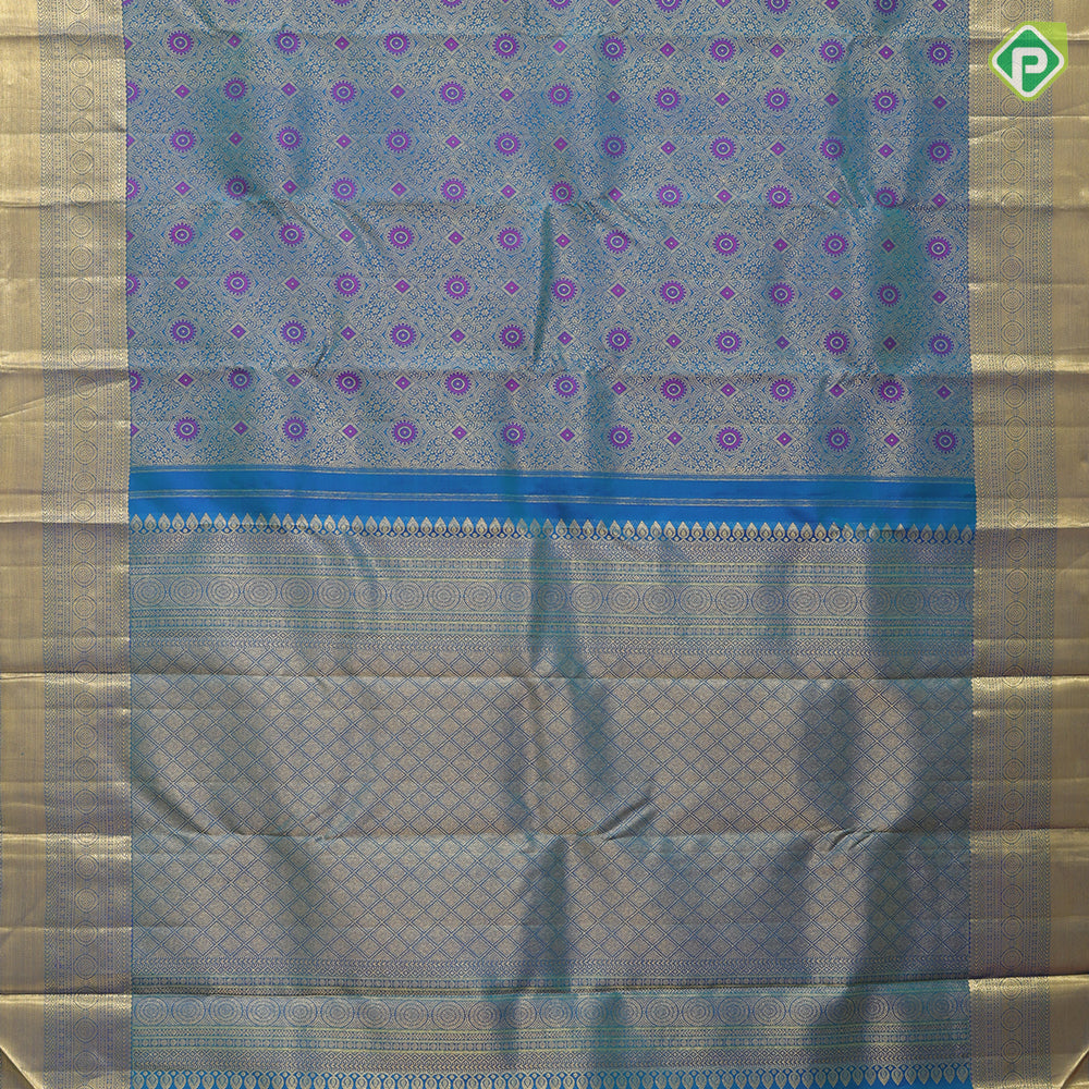 Peacock green gold zari and silk thread meena work self gold zari chakkaram butta border grand silk saree