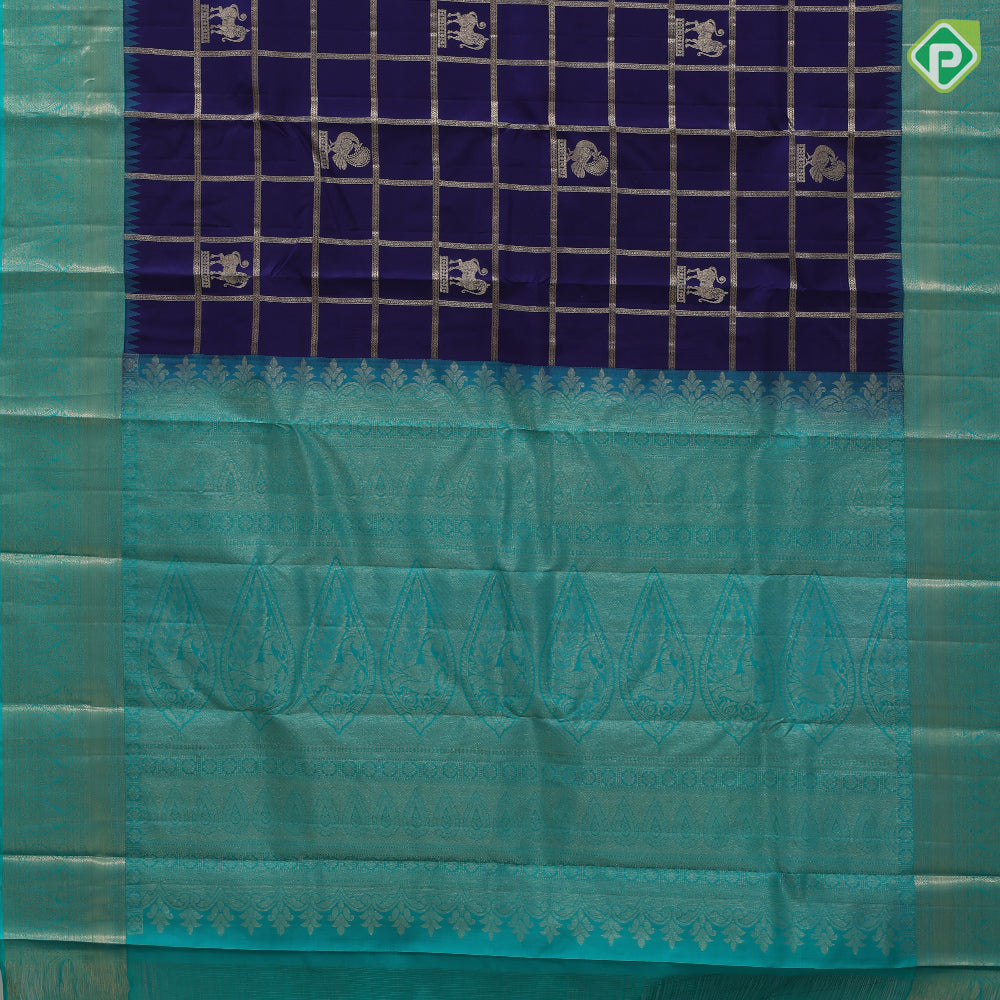 Night blue silver gold zari yaali butta window panel checks rexona green silver gold zari thilagam butta border traditional silk saree