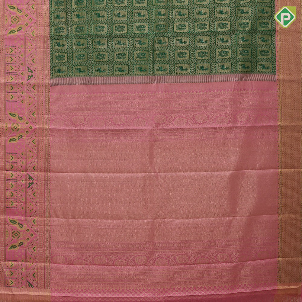 Forest green gold zari deer and peacock framed checks baby pink gold zari paithani border bridal tissue silk saree