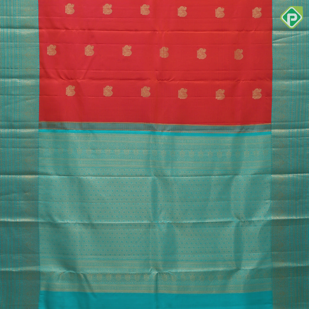 Fanta Orange Gold Zari Peacock Motif Design Rexsona Green Gandaberunda Ruthracham Border Design Traditional Silk Saree