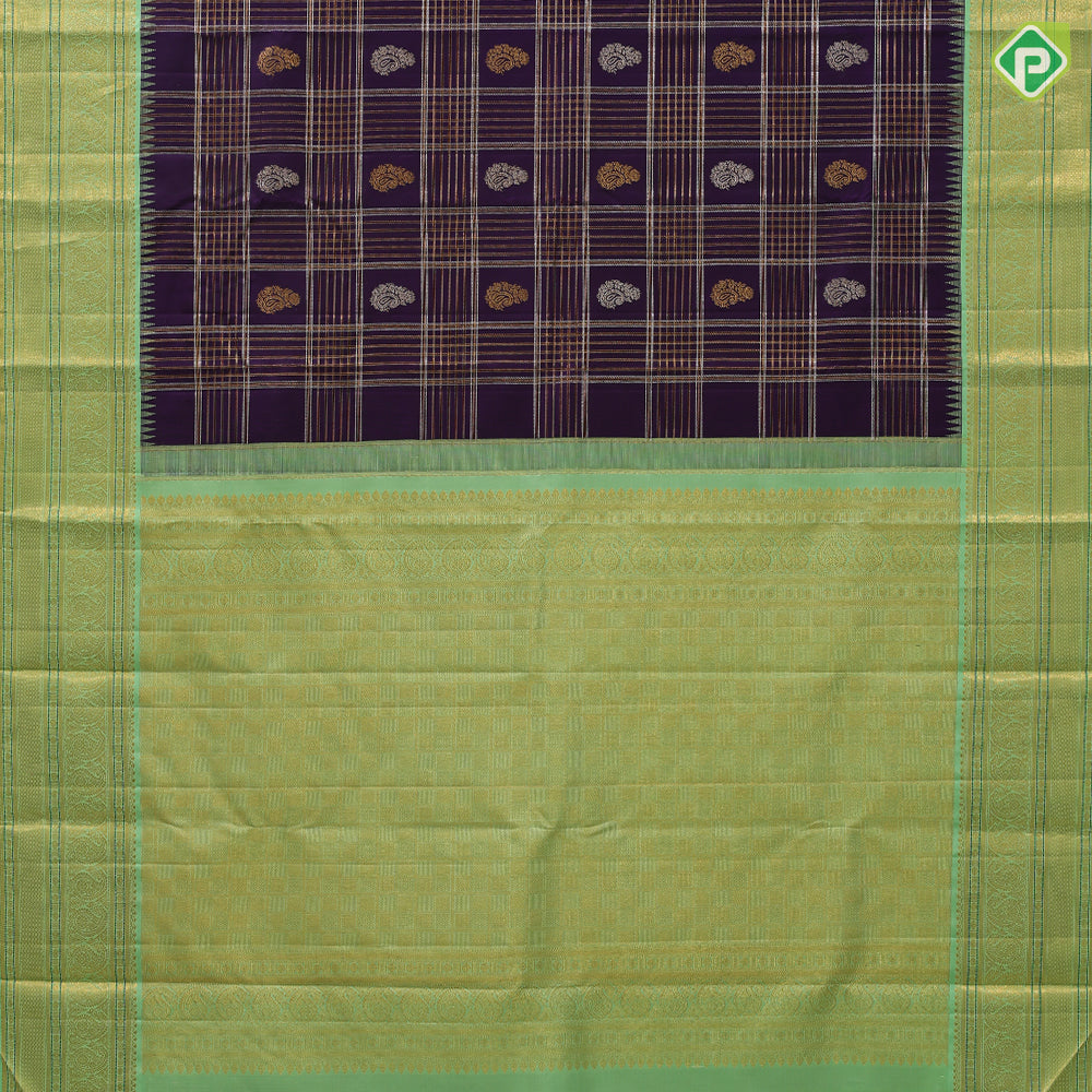 Berry blue silver gold zari mango butta and multi kattam contrast pista green gold zari mango butta thread lines border traditional silk saree
