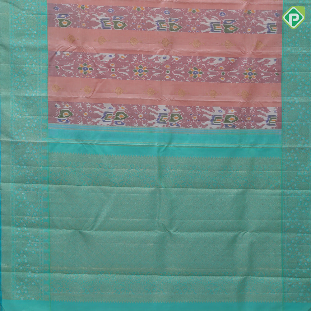 Peach base gold zari heart butta and ikkat design rexona green gold zari floral korvai border fusion silk saree