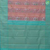 Peach base gold zari heart butta and ikkat design rexona green gold zari floral korvai border fusion silk saree