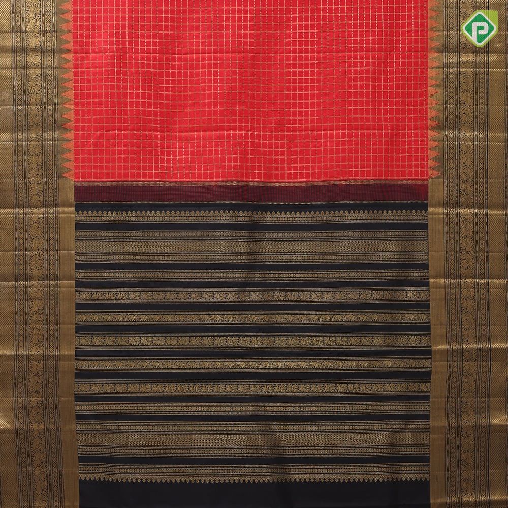 Tomato red gold zari gold zari kattam design black gold zari temple gaja yaali annam butta border traditional vintage silk saree