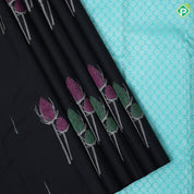 Black Colour Silver Zari Peacock Feather Butta Design Border Less Luxury Black Silk Saree