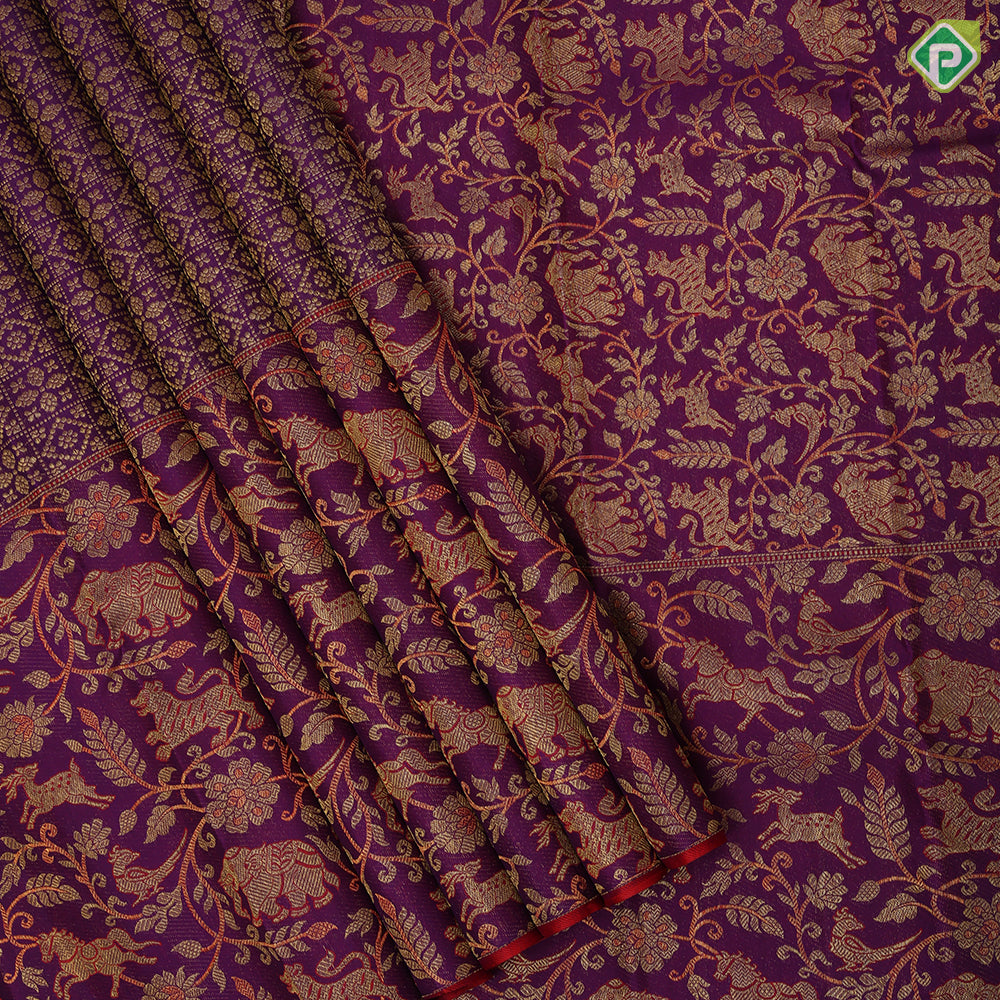 Purple base gold zari brocade body design self gold zari Vanasingaram meena work design border wedding silk saree