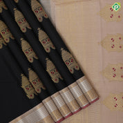 Luxury black gold zari chariot meena work design peach silver gold zari flower and lines border traditional silk saree