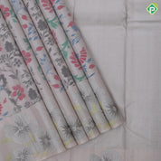creamy peach multi color floral digital design self silver zari meena work border ikkat design silk saree