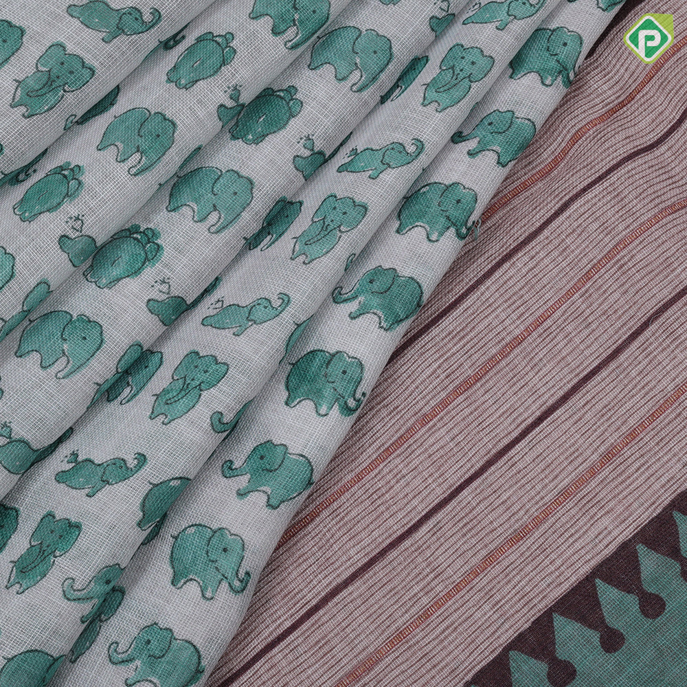 White Based Small Elephant Motif Contrast Border Arrow And Dart Design Fancy Cotton Saree