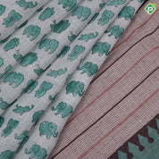 White Based Small Elephant Motif Contrast Border Arrow And Dart Design Fancy Cotton Saree