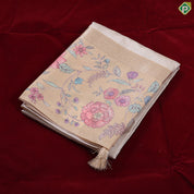 cream with gold zari round butta design baby pink multi colour floral border semi tusser saree