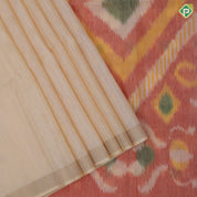 creamy sandal gold zari chakkaram butta motifs self gold zari border ikkat style pallu linen soft silk saree