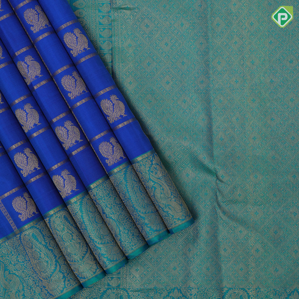 Royal blue gold zari peacock butta window panel kattam peacock green gold zari banaras style border Navratri special silk saree