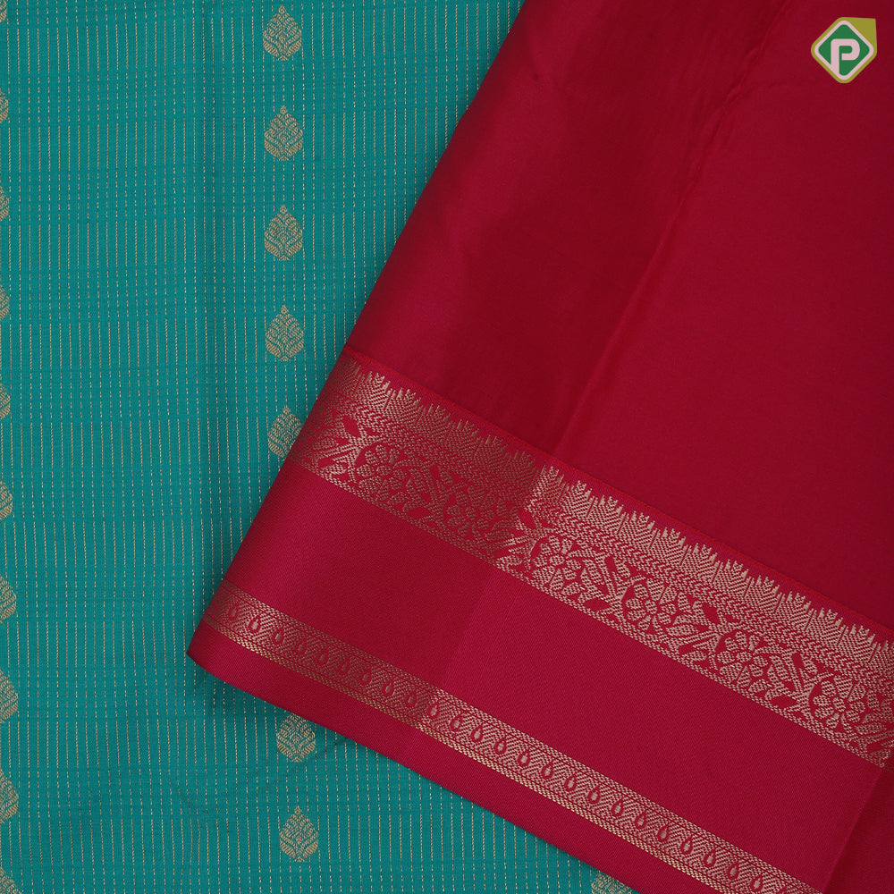 Rexona green gold zari stripes and thilagam butta design rani pink gold zari rettapet border Art silk saree