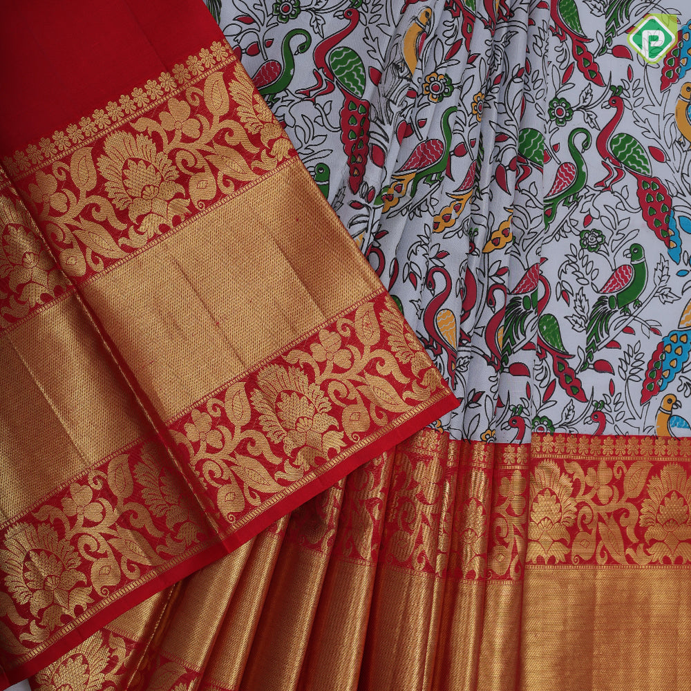 Multi color digital printed design Rani red gold zari double side rangoli design mid bavanji border pattu paavadai lehanka