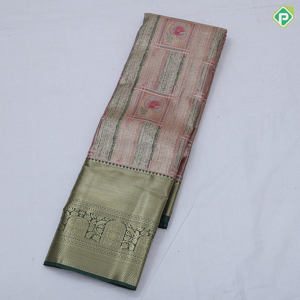 green base pastel red frame flower design self color gold zari grand border tissue art silk saree