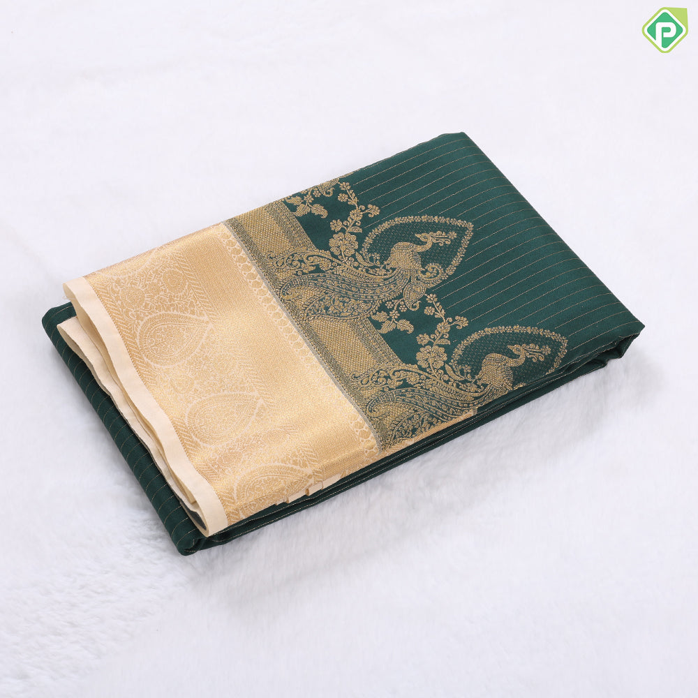 Tomato red gold zari stripes peacock design contrast cream gold zari thilagam border art silk gift saree