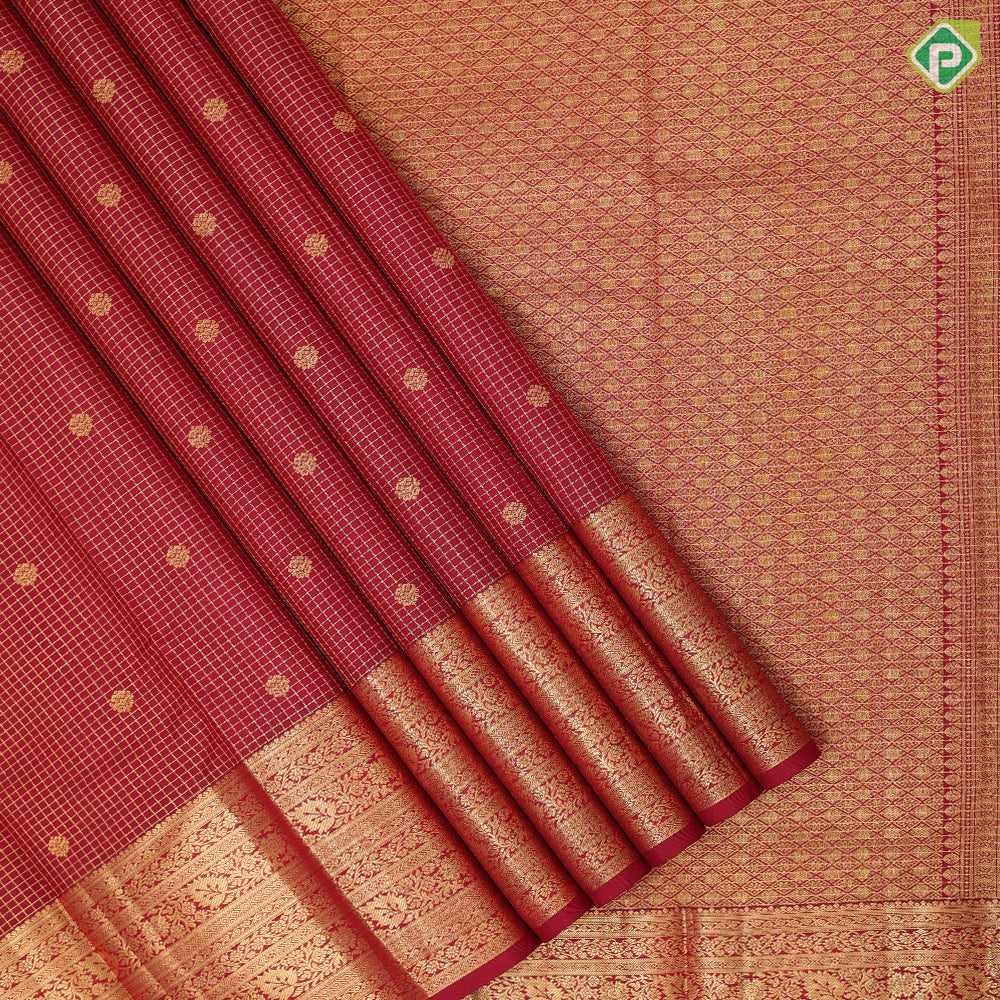 maroon gold zari vairaoosi checks butta design self gold zari grand creeper lines border gift silk saree