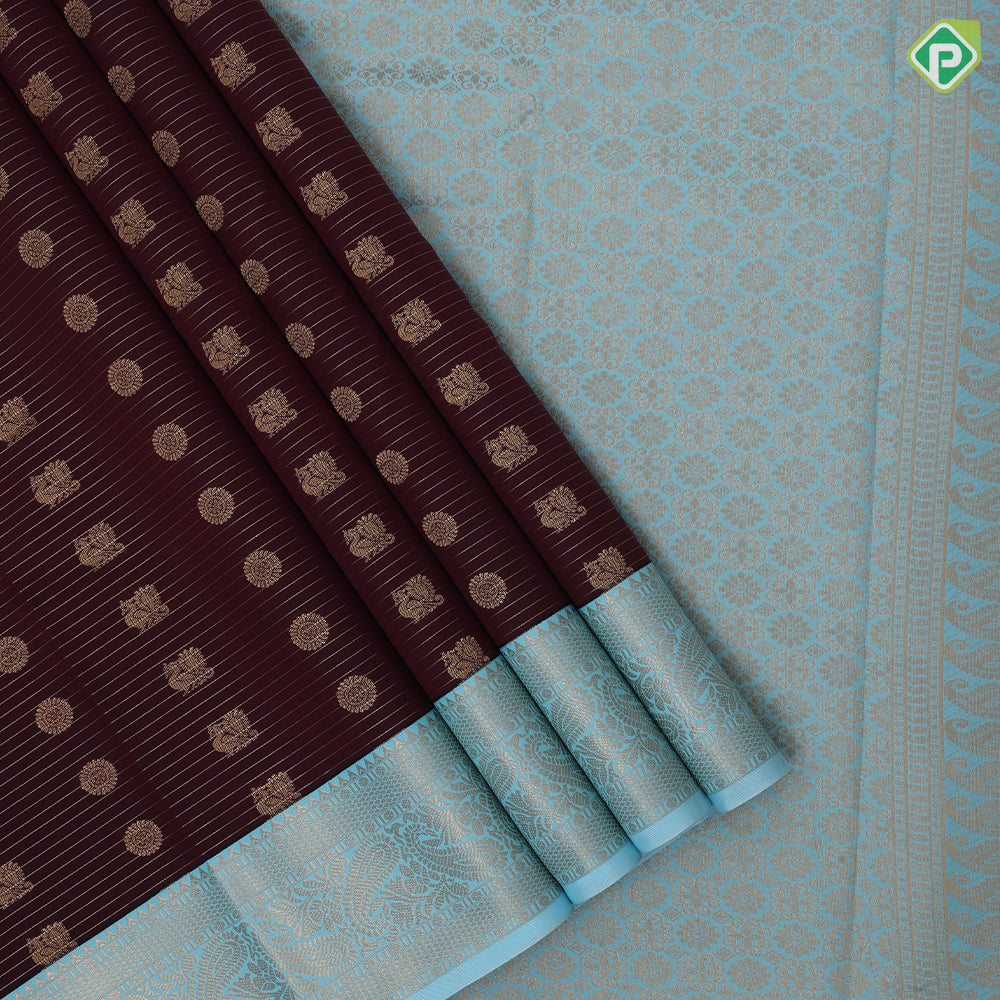 Chocolate brown gold zari peacock chakkaram butta stripes sky blue gold zari mango butta border art silk saree