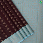 Chocolate brown gold zari peacock chakkaram butta stripes sky blue gold zari mango butta border art silk saree