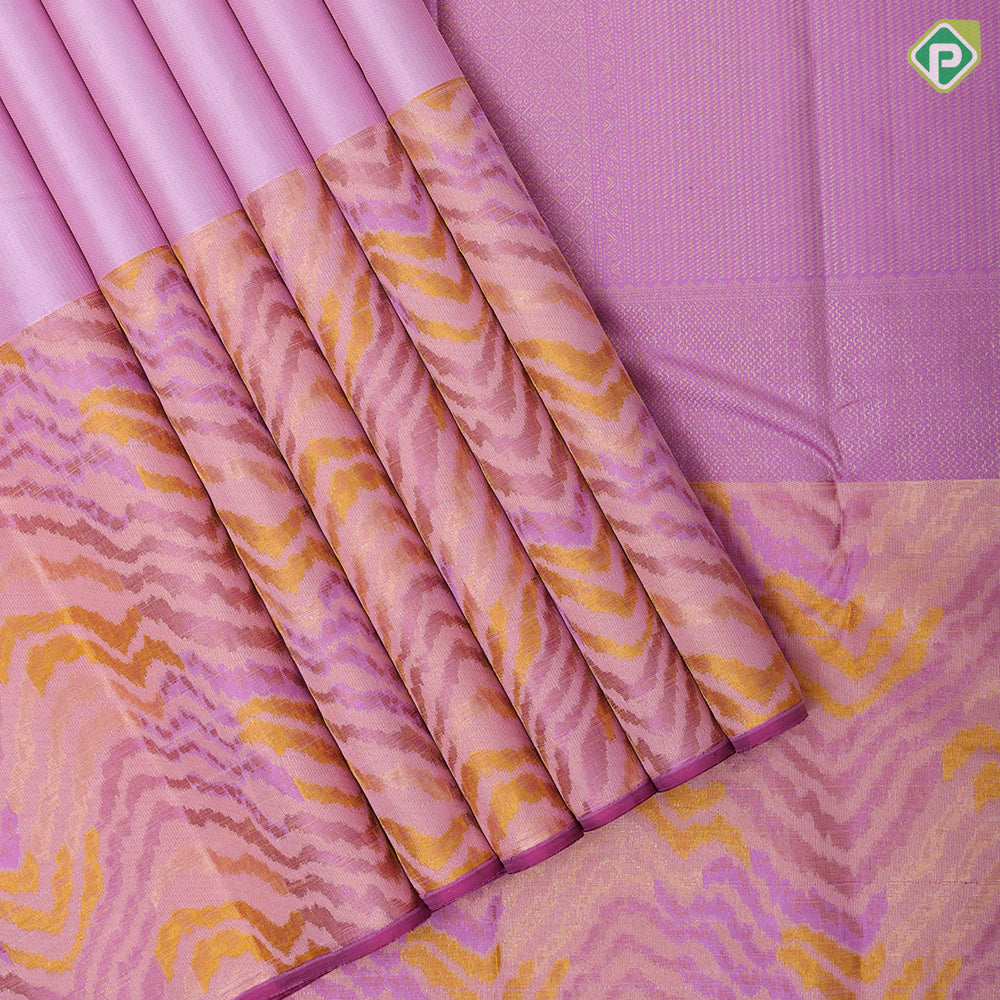 Pink gold zari stripes plain design self with multi color chevron zig zag pattern border trendy designer silk saree