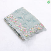 Mint green tissue effect diamond embroidered butta multi color floral cut work embroidery fancy saree