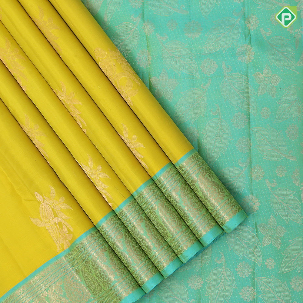 Lemon Yellow Gold Zari Parrot Butta Design Rexsona Green Mango And Floral Design Pure Mix Silk Saree