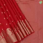 Sendoram red gold zari small thilagam butta self gold zari zig zag and mango border traditional silk saree