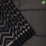 Black silver gold zari zig zag full body design self gold zari dividing plain border soft silk saree