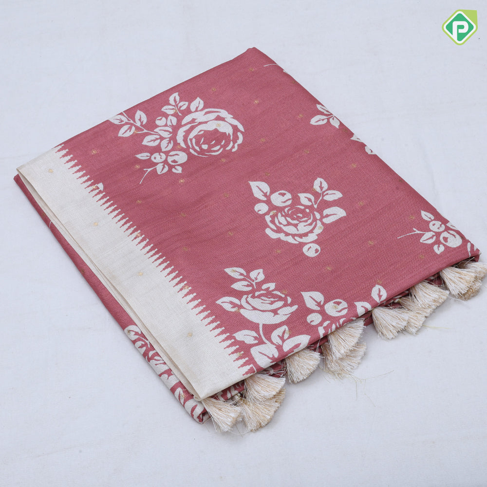 trending colors cream printed flower design white temple border semi tusser saree