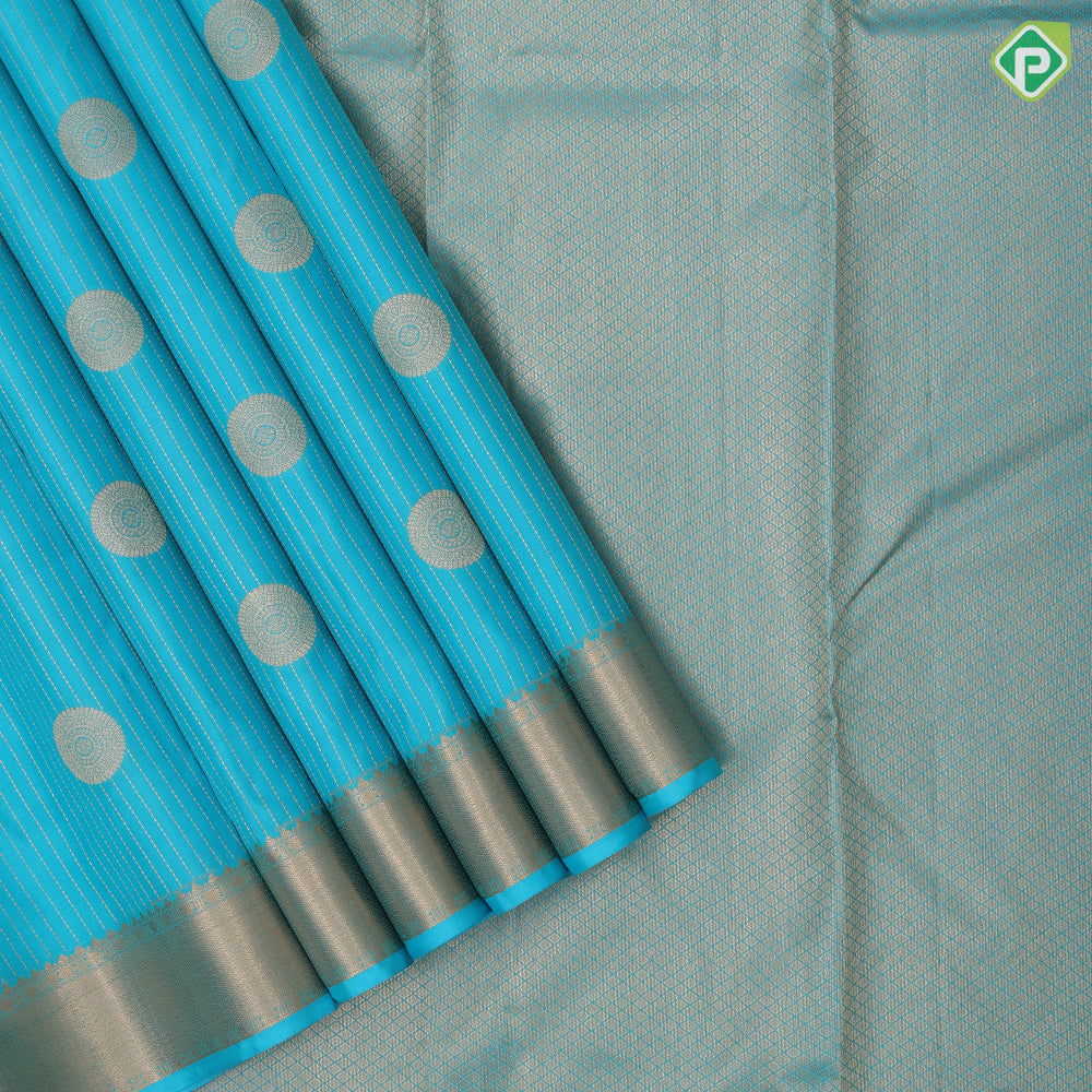 Turquoise color gold zari stripes and chakkaram butta self gold zari edge border gift silk saree