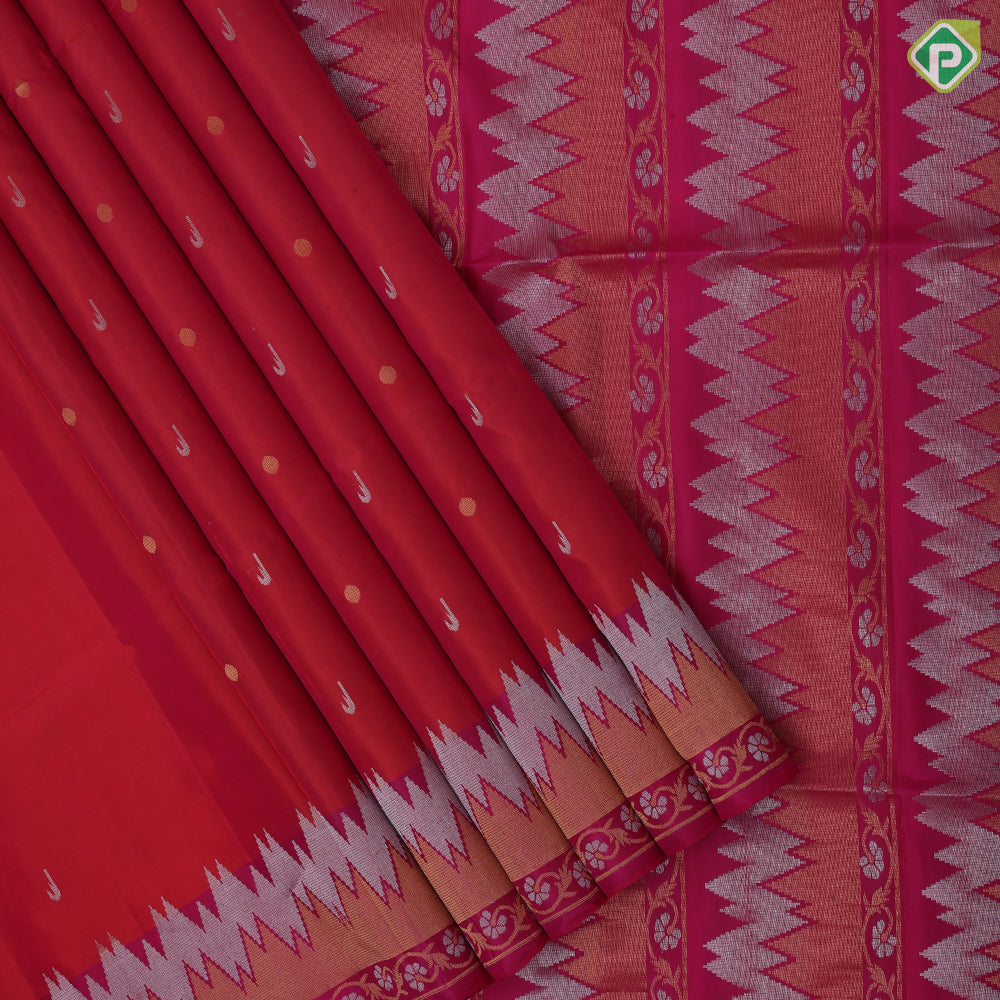reddish pink hocky stick and ball design rani pink silver gold zari wave and rangoli border soft silk saree