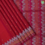 reddish pink hocky stick and ball design rani pink silver gold zari wave and rangoli border soft silk saree