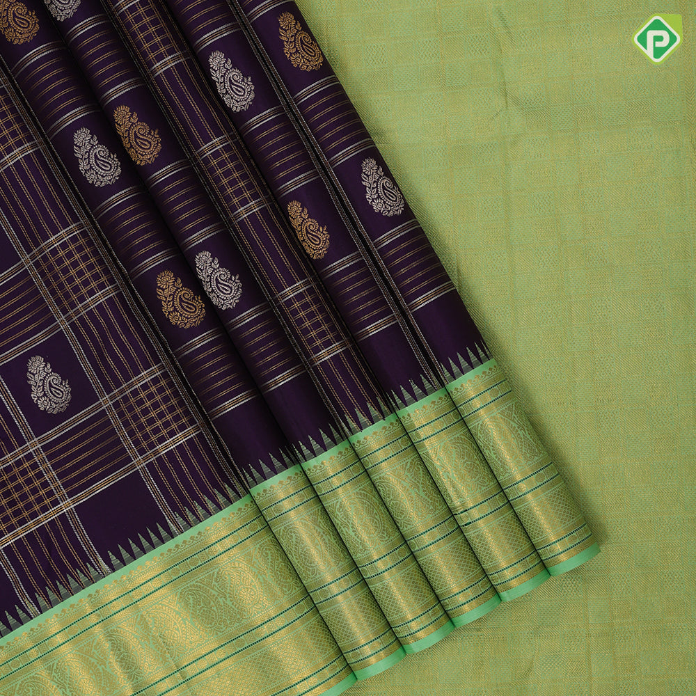 Berry blue silver gold zari mango butta and multi kattam contrast pista green gold zari mango butta thread lines border traditional silk saree