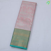 Pink silver zari fancy flower and arch design rama green gold zari rangoli border tissue art silk saree