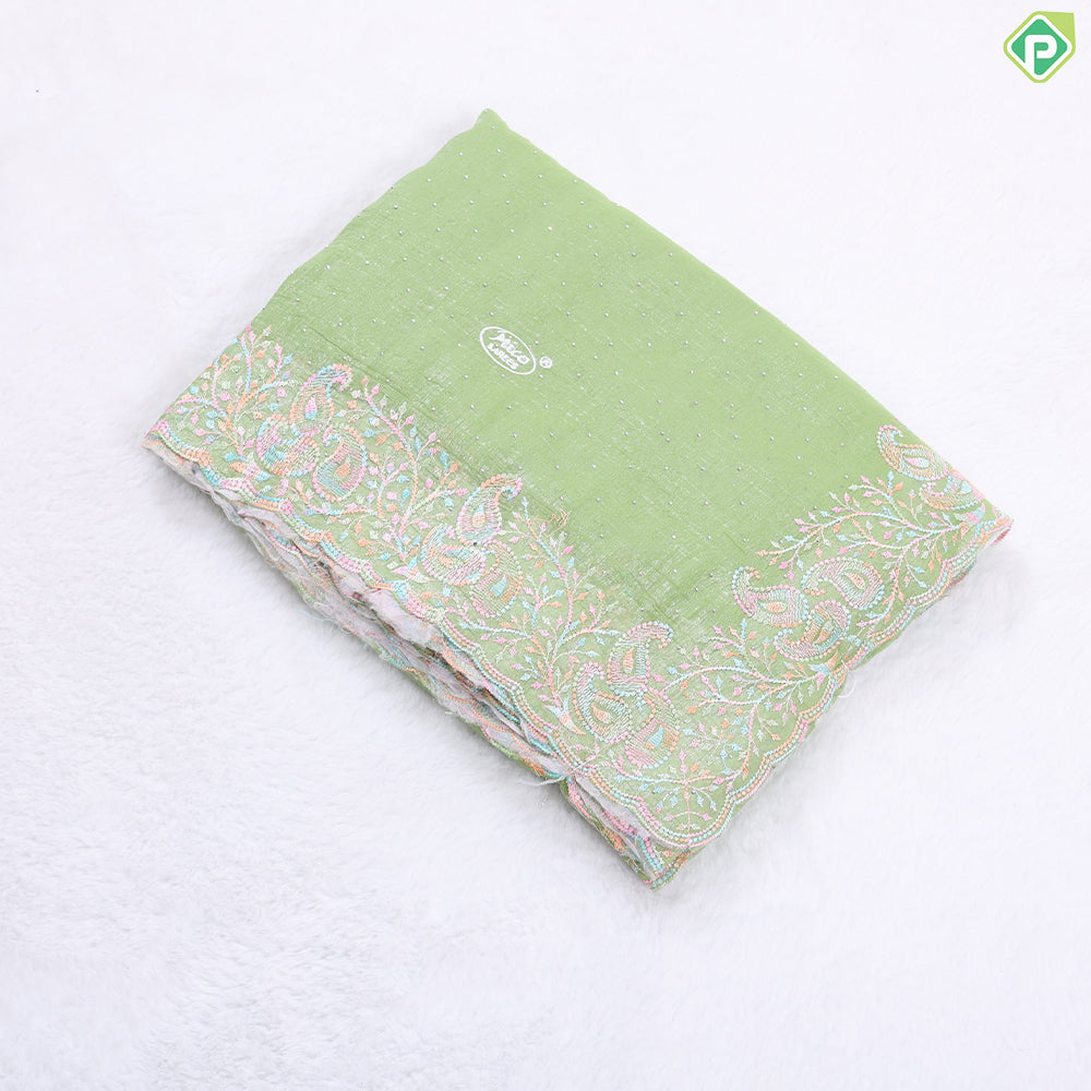 Baby pink tissue effect chamki work design self multi color embroidered cut work border Hollywood fancy saree