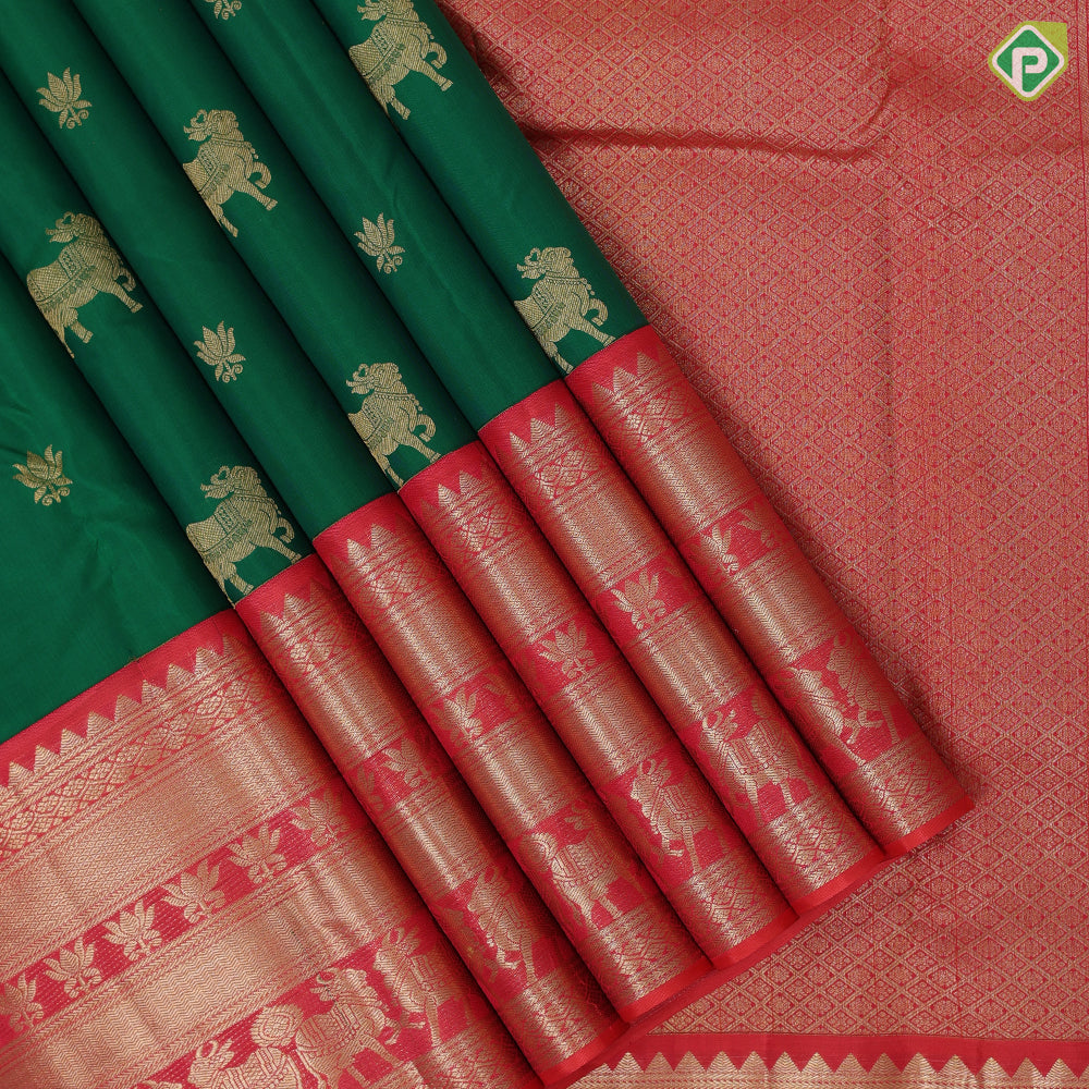 Green with gold zari cow and lotus butta design reddish pink silver gold zari cow and lotus lines border traditional silk saree